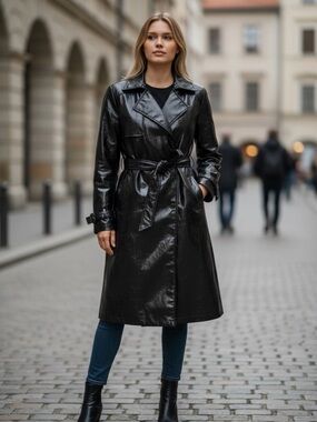 Scoop Black Patent Trench Coat Glossy Belted Long Jacket Size S MSRP $159